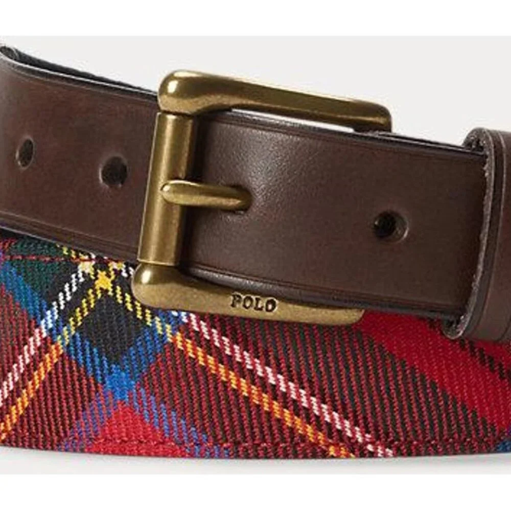 Polo Ralph Lauren Men's Leather-Trim Tartan Belt Red